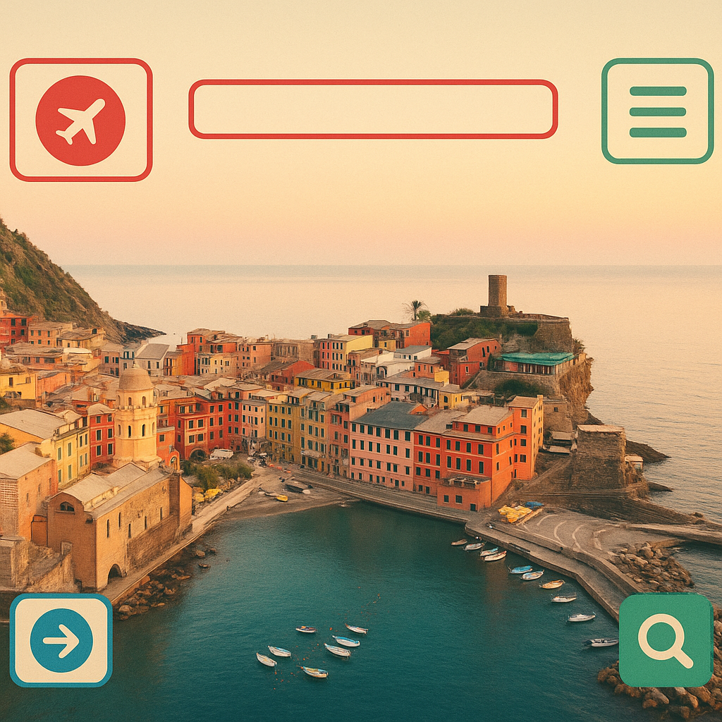 Aerial view of colorful coastal town with retro interface overlays