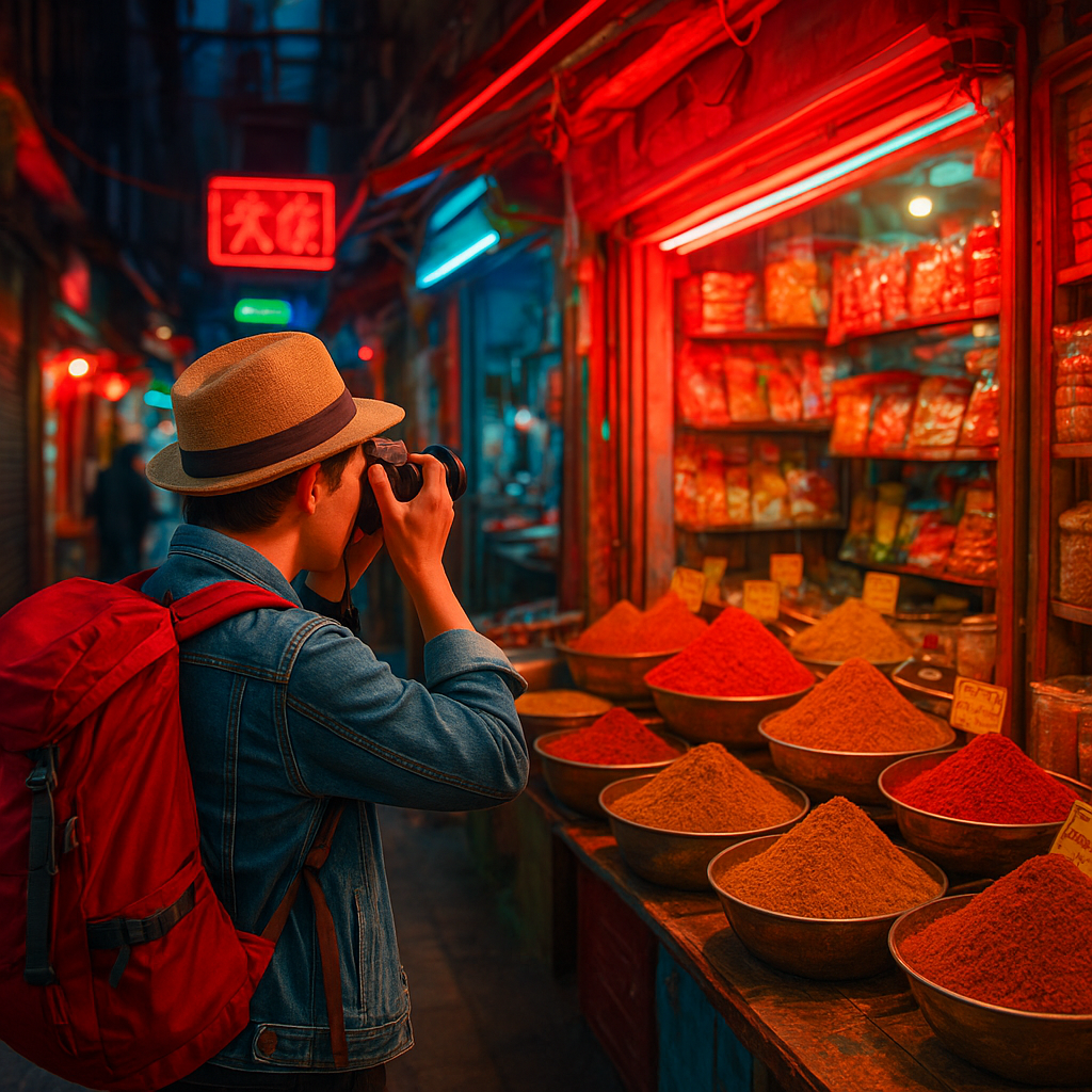Traveler photographing a hidden alley market with neon accents